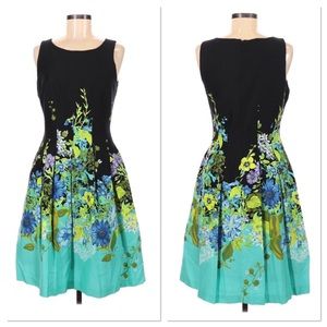 Leslie Fay Black Dress with Green and Blue Floral Design